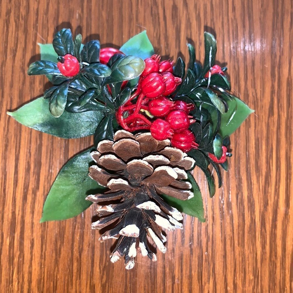 Vintage plastic Christmas corsage with pine‎ cone & holly berries
